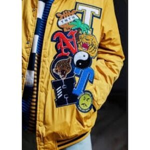 10 Deep Varsity‎ Jacket Baseball Yellow Graphics Patches RARE Streetwear Sz S